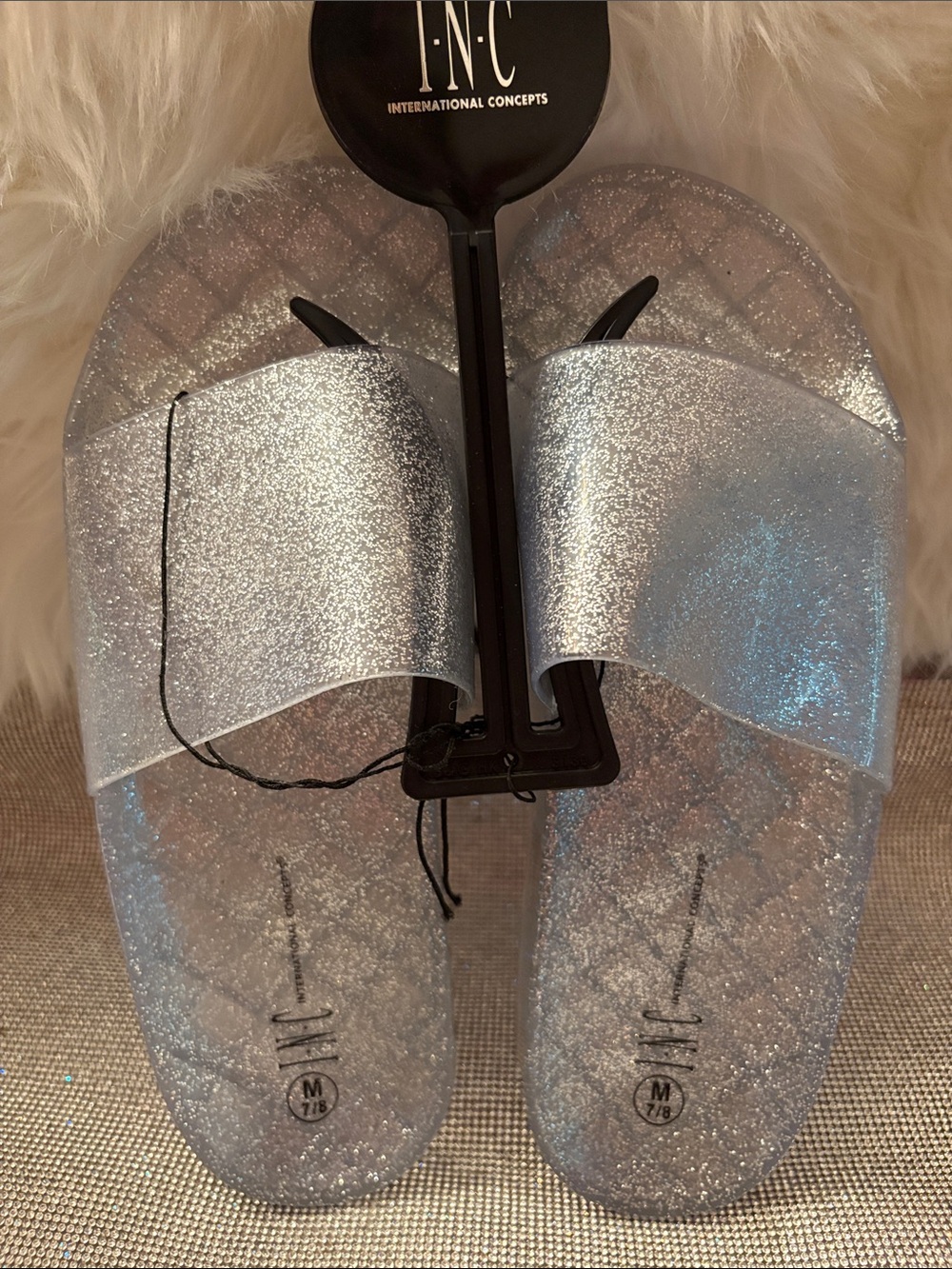 INC International Concepts Glitter Silver Slide Sandals